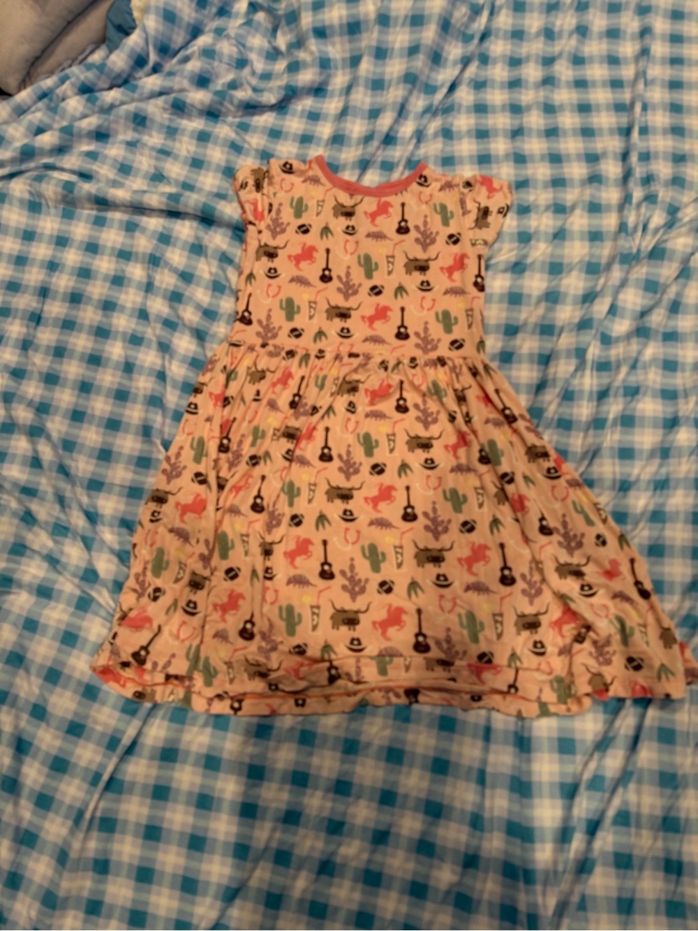 Kickee Pants Beige Western Print Dress with Coral and Mint Accents